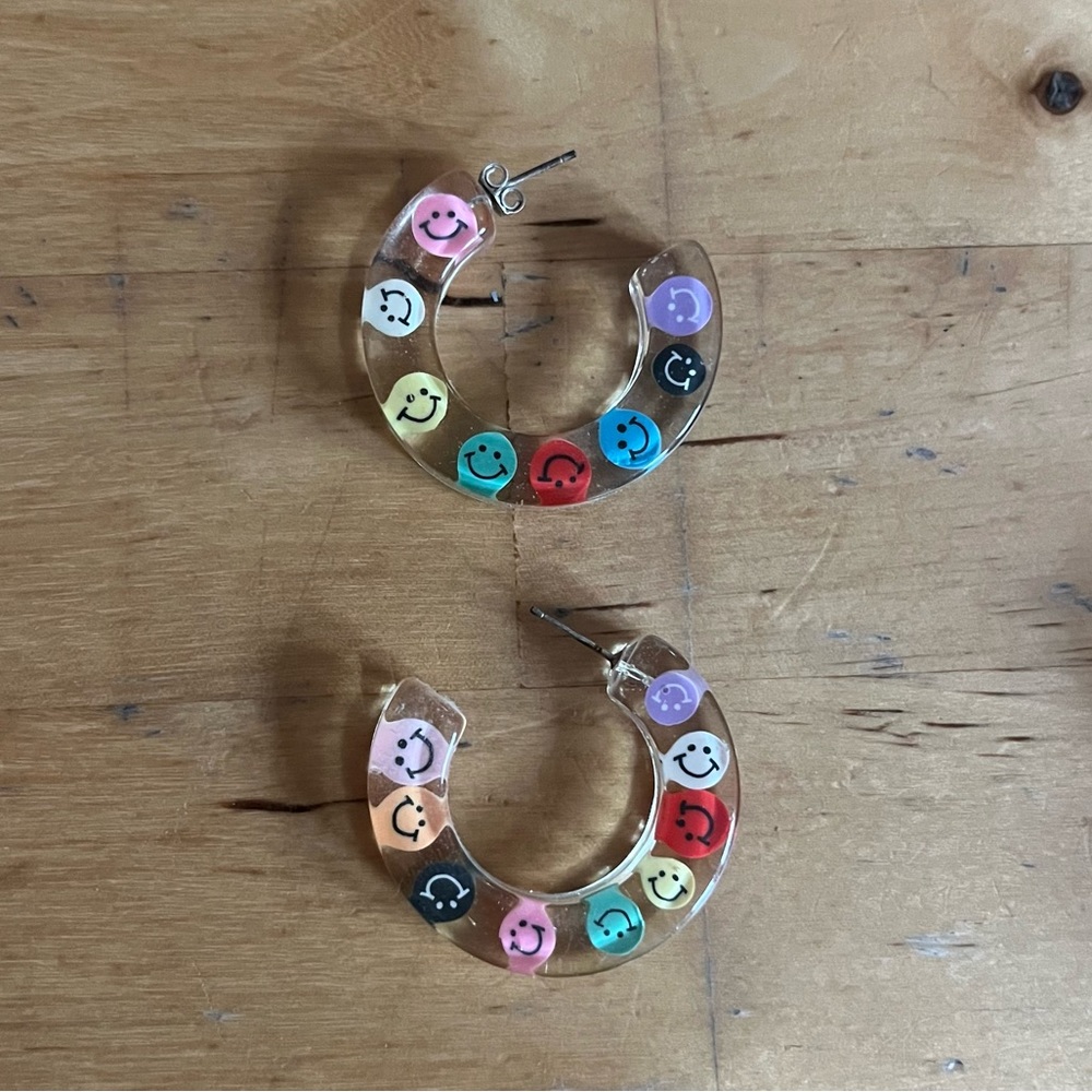 Multicolored Smiley Face Resin Hoop Earrings